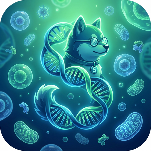 A cartoon dog wearing glasses and a collar with an "S" is depicted surrounded by DNA strands, cells, and mitochondria on a glowing green and blue background.