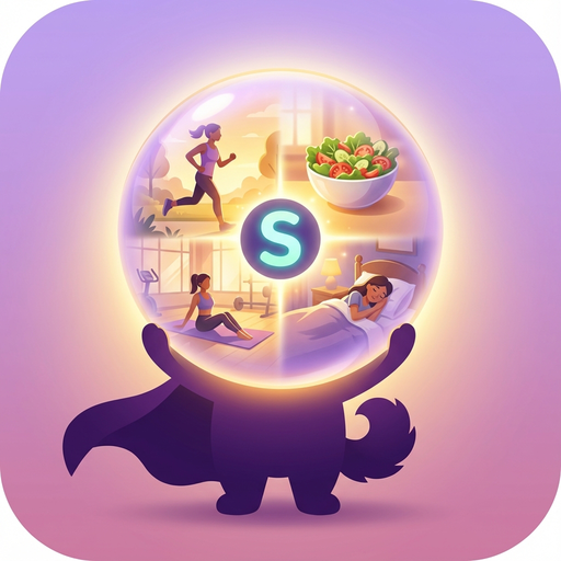 Illustration of a dark figure holding a glowing sphere with the letter "S" at the center. Inside the sphere are images of a woman jogging, exercising in a gym, sleeping in bed, and a bowl of salad, symbolizing a healthy lifestyle. The background is a gradient of purple and pink.