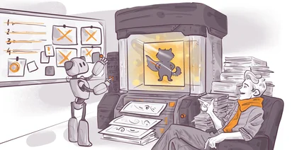 A robot monitors a screen displaying a silhouette of a cat with a cape inside a machine, while a person with an orange scarf sits nearby, gesturing with their hand. A whiteboard with crossed-out items and stacks of paper surround them.