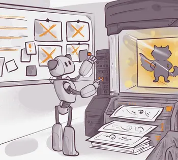 A robot stands in front of a control panel, analyzing a screen displaying a silhouette of a dancing fox. A wall with crossed-out papers is in the background, and a machine with illustrated sheets emerges from a printer-like device.