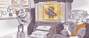 A robot works at a machine with a raccoon hologram, producing papers with happy faces. A smiling person with an orange scarf sits on a stack of papers, gesturing towards the robot. The background features a wall with papers showing crossed-out marks.