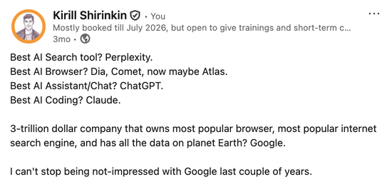Image shows a social media post by a user discussing recommended AI tools like Perplexity, Dia, Comet, ChatGPT, and Claude. It mentions skepticism towards Google despite its massive influence and data ownership, noting disappointment with Google's performance in recent years.