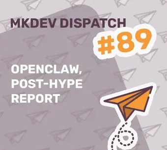 Alt text: "MKDEV Dispatch #89 cover featuring 'OpenClaw, Post-Hype Report' text with illustrated paper airplane design on a patterned background."