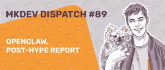 Illustration featuring the text "MKDEV DISPATCH #89" and "OPENCLAW, POST-HYPE REPORT" with a background of paper airplane icons. On the right, a person is smiling and holding a fluffy animal resembling a koala.