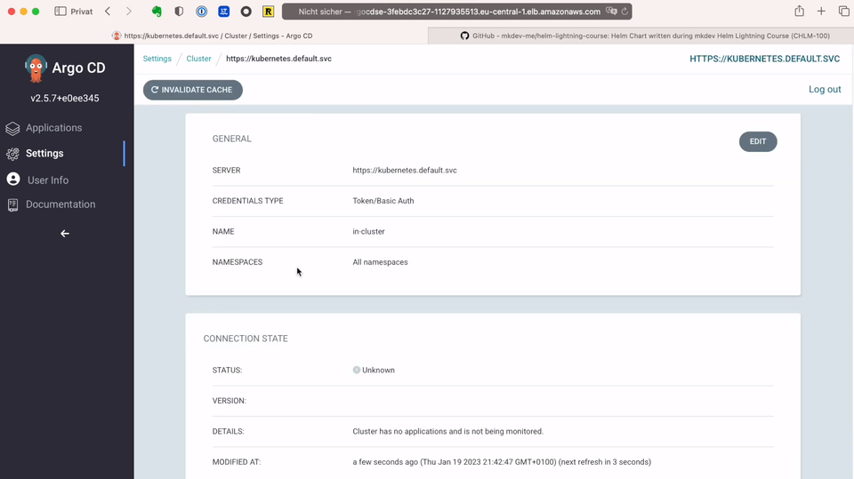 Screenshot of Argo CD web interface with cluster settings page showing server, credentials type, name, and namespaces information along with an unknown connection state.
