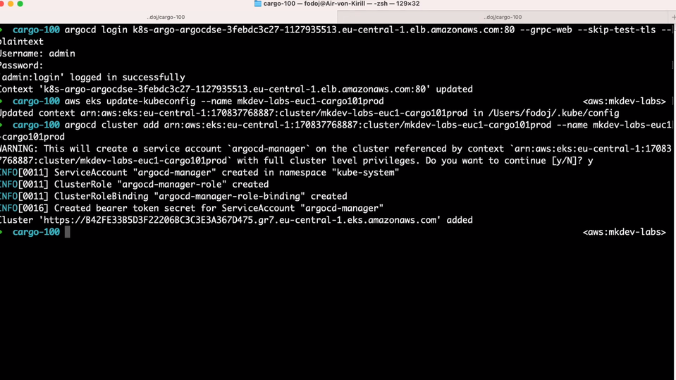 A computer terminal screen showing command-line text of a user setting up Argo CD on a Kubernetes cluster, interacting with AWS services, and configuring access and service accounts.