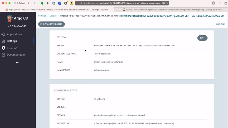Screenshot of Argo CD platform with cluster settings displayed, showing general server information, token authentication type, and an unknown connection state.