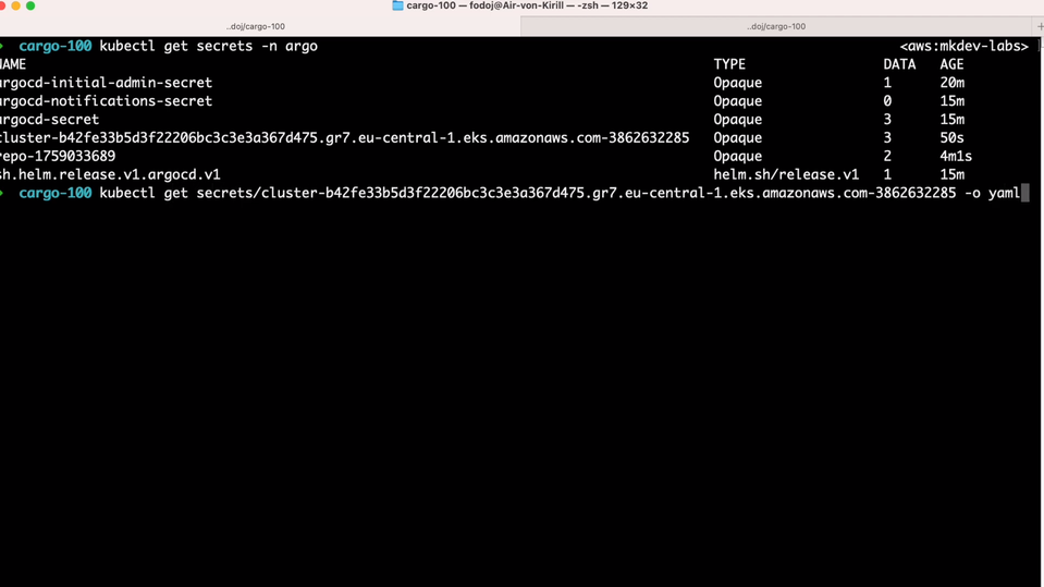 Screen capture of a computer terminal with command-line interface showing the result of a Kubernetes secrets retrieval command.