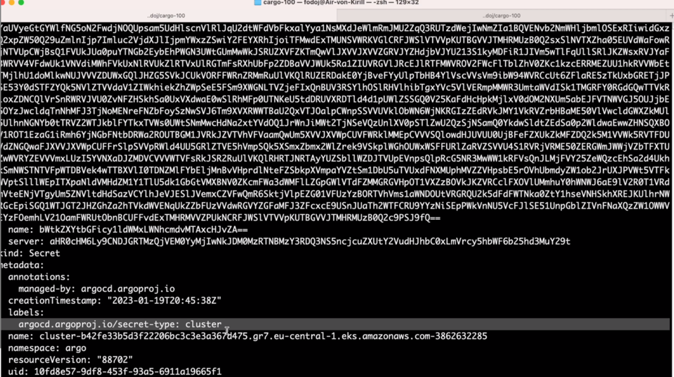 An image displaying a text snippet of a digital document or command-line output containing JSON data with fields like 'server', 'kind', 'metadata', 'annotations', 'name', and encrypted data strings.