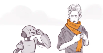Illustration of a young person wearing an orange scarf, looking puzzled, alongside a friendly robot making a gesture with one hand, set against a simple background.