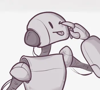 A cartoon robot with a simple, cylindrical head, a small antenna, and a friendly expression. The robot is saluting with its right hand, which has three fingers. It has a rounded body, articulated arms, and visible wires, set against a plain background.