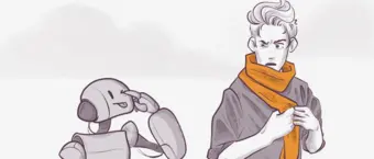 A sketch of a robot and a person. The robot appears to be smiling, raising a hand in a friendly gesture. The person, wearing an orange scarf, looks surprised or concerned. Background is simple and minimalistic.