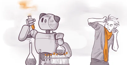 A cartoon robot observes a test tube releasing orange smoke while holding a flask, surrounded by more test tubes and a beaker. To the right, a startled character with messy hair and an orange scarf reacts in surprise. The background is light gray.