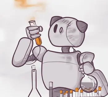 Cartoon robot holding a test tube with orange liquid, surrounded by additional test tubes and a flask, appearing to conduct a science experiment in a lab setting.