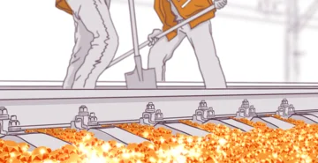 Illustration of two people working on railroad tracks with tools, surrounded by fallen autumn leaves, in a monochromatic style with orange highlights.