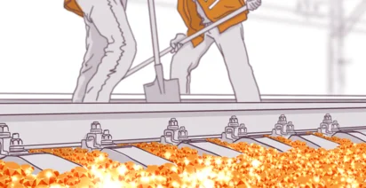 Illustration of two people working on railroad tracks with tools, surrounded by fallen autumn leaves, in a monochromatic style with orange highlights.