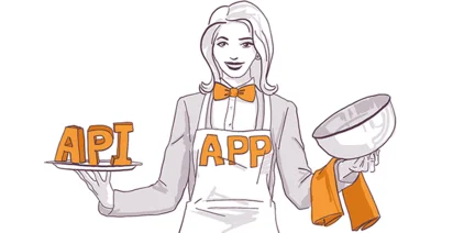 Illustration of a smiling woman holding a tray with the letters 'API' and lifting a cloche with the letters 'APP' written underneath it. She is wearing a bow tie and apron.