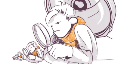 An illustration of a cartoon character with a magnifying glass observing a smaller version of themselves, with a surprised expression. The background features a larger eye, implying observation.