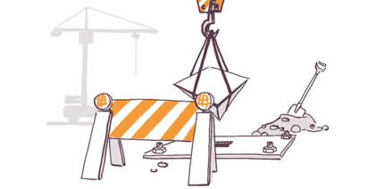Illustration of a construction site with a crane lifting a star-shaped structure, a barricade with orange and white stripes, a pile of dirt, and construction tools.
