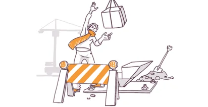 Illustration of a construction worker in a safety vest dodging a falling package at a construction site, with a barricade, scattered tools, and a crane in the background.