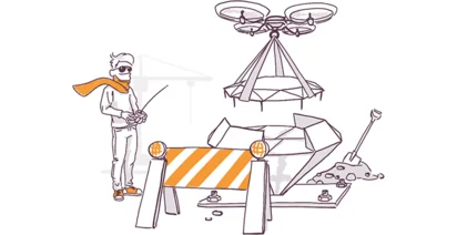 Illustration of a person with a remote control and goggles operating a drone above, with a workbench, tools, and a barrier with warning stripes in the foreground.