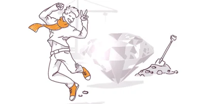 Illustration of a joyous person with a scarf jumping next to a large, sparkling diamond with a shovel stuck in the dirt, suggesting a successful treasure hunt.