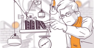 Illustration of a focused person tinkering with a complex Rube Goldberg machine with various objects like gears, pulleys, and weights in a whimsical design.