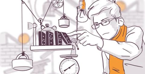 Illustration of a focused person tinkering with a complex Rube Goldberg machine with various objects like gears, pulleys, and weights in a whimsical design.