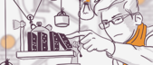 Illustration of a person with glasses and a lab coat engaged in an experiment or working on a device, with lab equipment and a plant in the background.