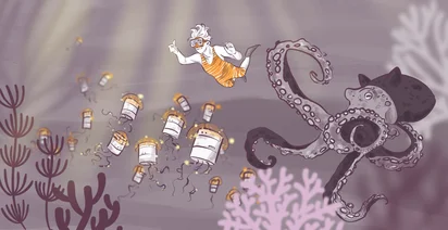 Illustration of a diver with goggles and an orange striped swimsuit underwater, surrounded by glowing jellyfish and a large octopus. The background features coral and sea plants in muted colors.