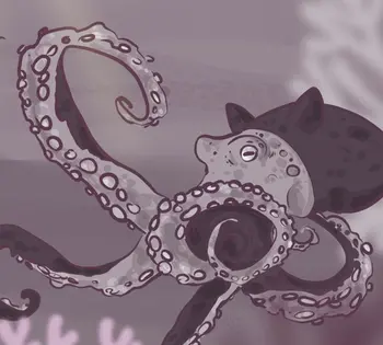 Illustration of an octopus-like creature with curled tentacles and spotted patterns, in a monochromatic purple hue. The background features abstract, blurry shapes resembling ocean or coral formations.