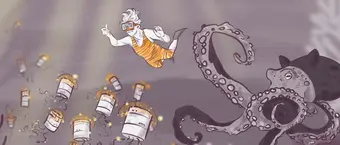 A person in an orange swimsuit and goggles swims underwater, surrounded by small robots with glowing lights. An octopus watches the scene. The image has a whimsical and surreal atmosphere with a purple and orange color scheme.