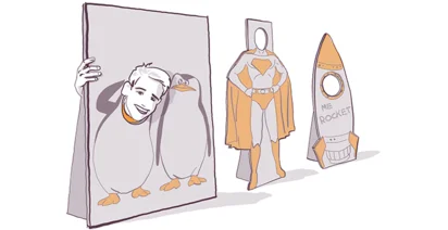 Illustration of a smiling person looking into a dressing mirror, seeing a penguin reflection, with a superhero costume on a hanger and a 'Me Rocket' beside them.