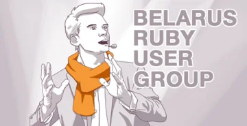 An illustrated banner with the text "Belarus Ruby User Group", featuring a stylized person with a headset microphone, gesturing with their hands, against an abstract background.
