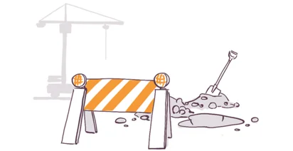Illustration of a construction barrier with orange and white stripes, a pile of dirt with a shovel, and an outline of a construction crane in the background.