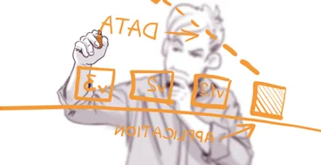 Illustration of a person writing "DATA" in the air with interconnected boxes labeled with acronyms, suggesting a diagram or process, with an "APPLICATION" arrow underneath.