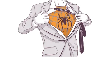 Illustration of a person in a business suit opening their shirt to reveal a superhero costume underneath.