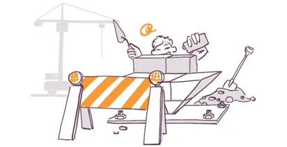 Illustration of a cartoon character playing in a makeshift cardboard fort with a barrier, resembling a construction site, with toy tools and a crane in the background.