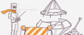 Illustration of a person with a cape and glasses standing beside a construction barrier and a sandbox with a mechanical digger, with a carousel in the background.