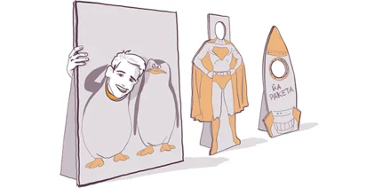 Illustration of three playful cardboard cutouts: one with a person's face in a penguin body, another as a superhero, and a rocket with text "V IA PAKETA."