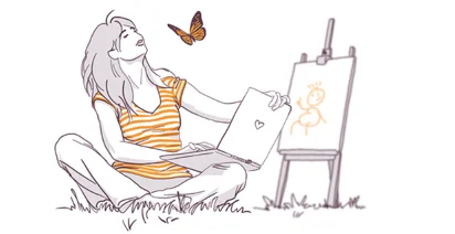 Illustration of a relaxed woman sitting on grass with a laptop, looking at a butterfly, next to an easel with a simple drawing.
