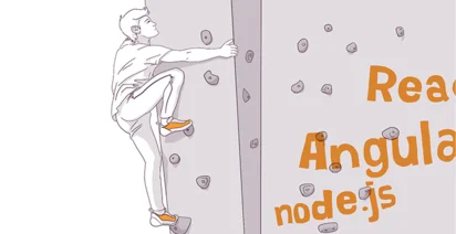 Illustration of a person indoor rock climbing with names of web technologies like "React," "Angular," and "node.js" on the climbing holds.