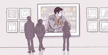 Illustration of two adults and a child viewing portraits in an art gallery, focusing on a large central portrait of a stylish man while other artworks are displayed around.