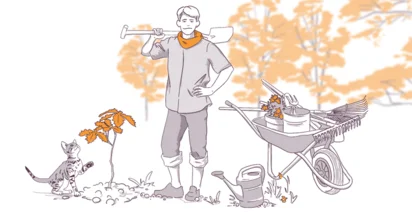 Illustration of a person with a shovel on their shoulder standing near a sapling and a cat, with a wheelbarrow filled with gardening tools and plants beside them, set against an autumnal tree background.