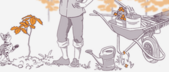 Illustration of a person standing near a young tree with gardening tools, a cat observing, a watering can on the ground, and a wheelbarrow with plants and tools.