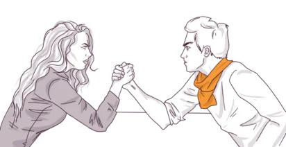 Illustration of a man and a woman engaged in an arm-wrestling match, both showing determination.