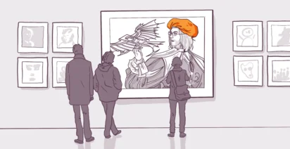 Three people observing various framed abstract artworks on a gallery wall, with a prominent large central piece featuring a stylized person wearing a beret.