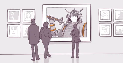 Two people viewing a large framed artwork of a samurai with a sword in an art gallery, surrounded by smaller framed pictures on the walls.