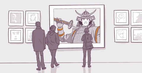 Two people viewing a large framed artwork of a samurai with a sword in an art gallery, surrounded by smaller framed pictures on the walls.