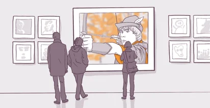 Two people viewing an artwork in a gallery where the illustrated character appears to be pointing a gun that breaks the fourth wall, with other framed pictures in the background.